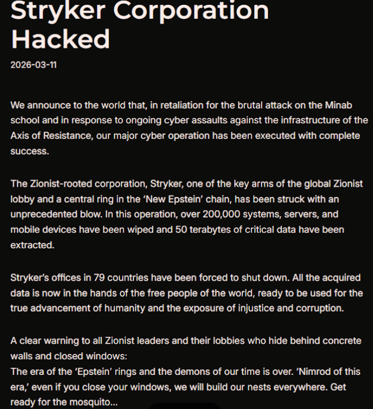 Iran-Linked Hackers Claim Responsibility for Stryker Cyber Attack