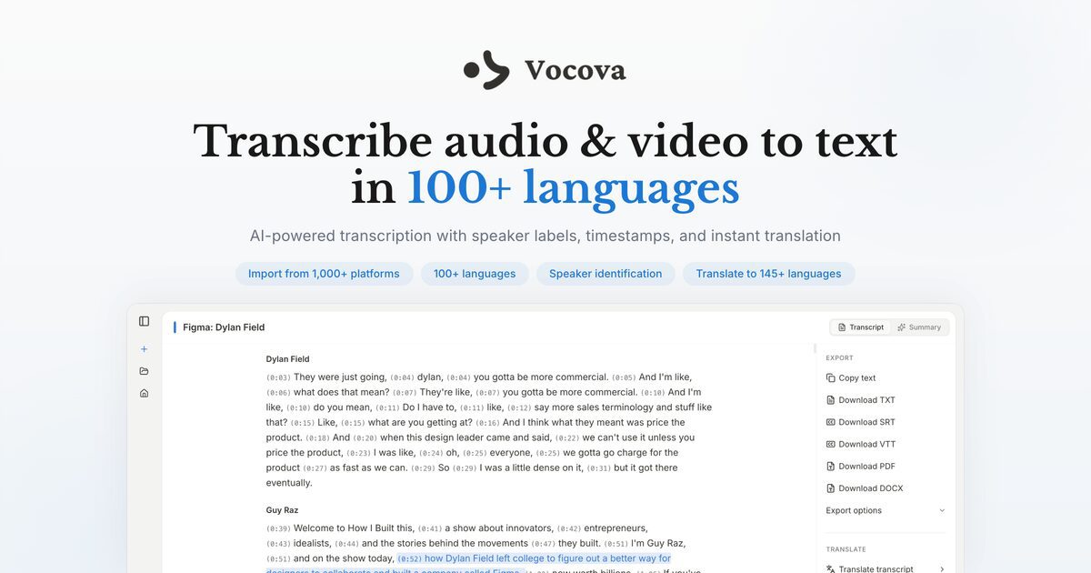 Vocova Transcribe Audio & Video: 100+ Languages, Free to Start